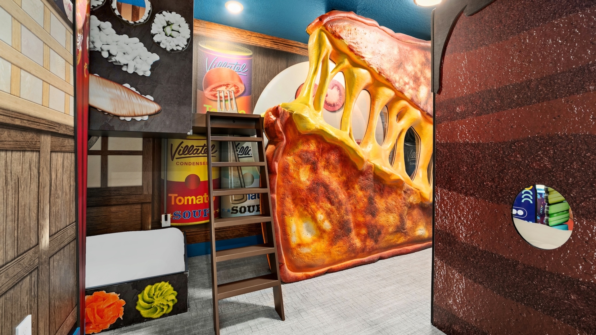 A whimsical food-themed children's bedroom featuring a giant grilled cheese sandwich structure, bunk beds decorated with sushi graphics, and murals of tomato soup cans.
