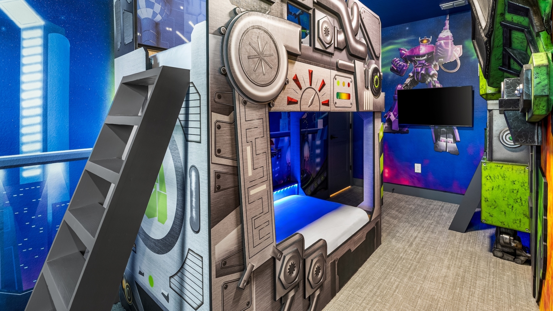A science-fiction-themed children's bedroom featuring an industrial mechanical-style bunk bed and immersive wall murals of giant robots and a futuristic city.