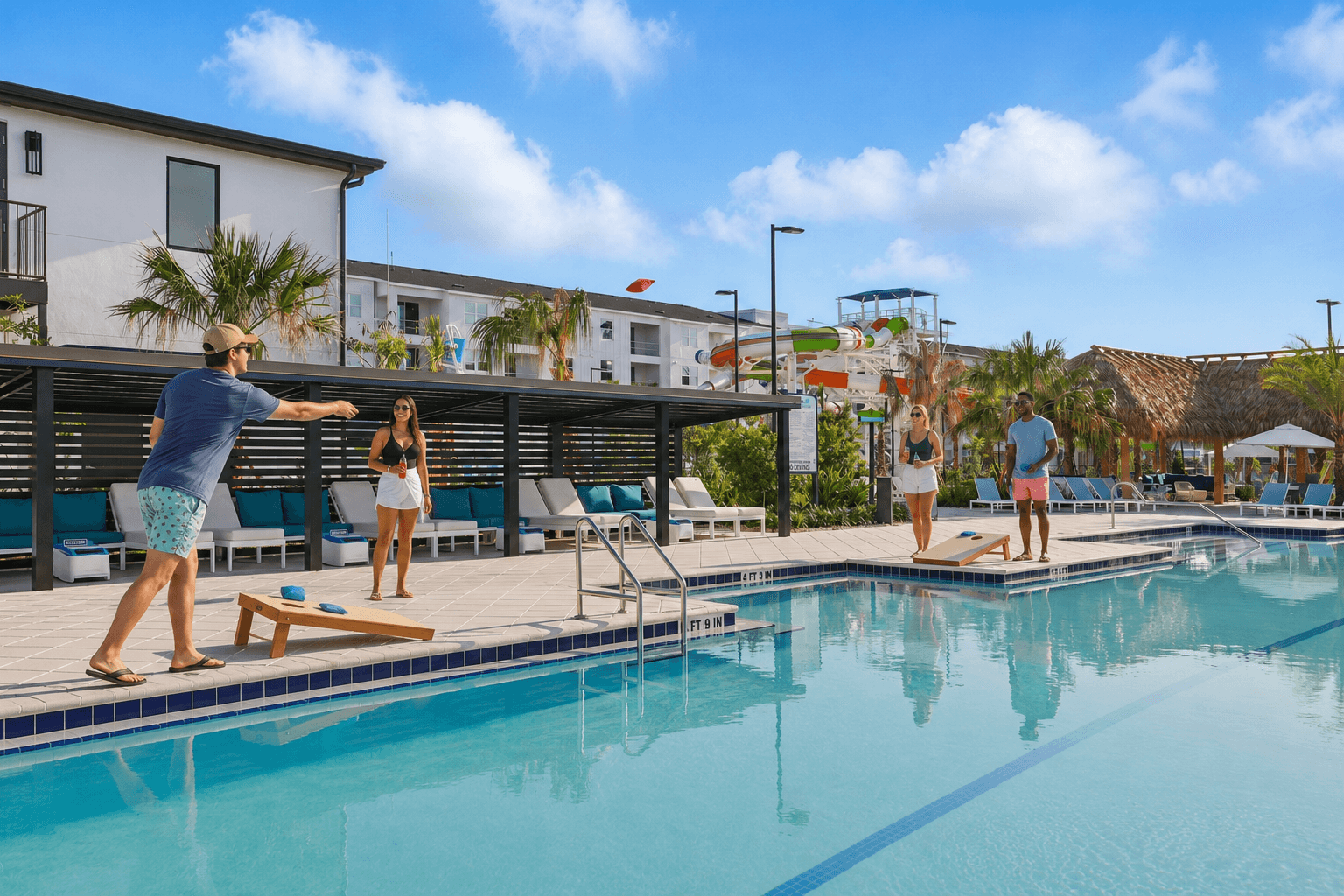 Two couples playing cornhole on opposite sides of a large resort swimming pool, with a colorful water park slide tower rising in the background under a sunny blue sky.