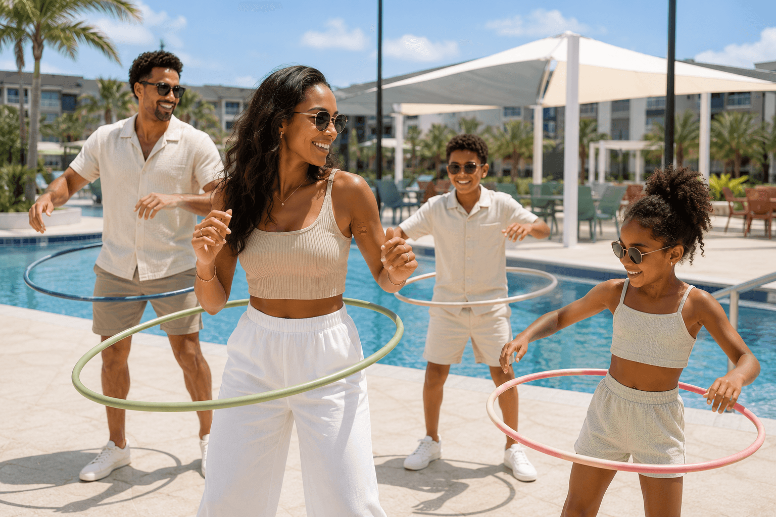 A family of four smiling and laughing while hula-hooping together on a paved pool deck, with the turquoise water of a resort swimming pool behind them.