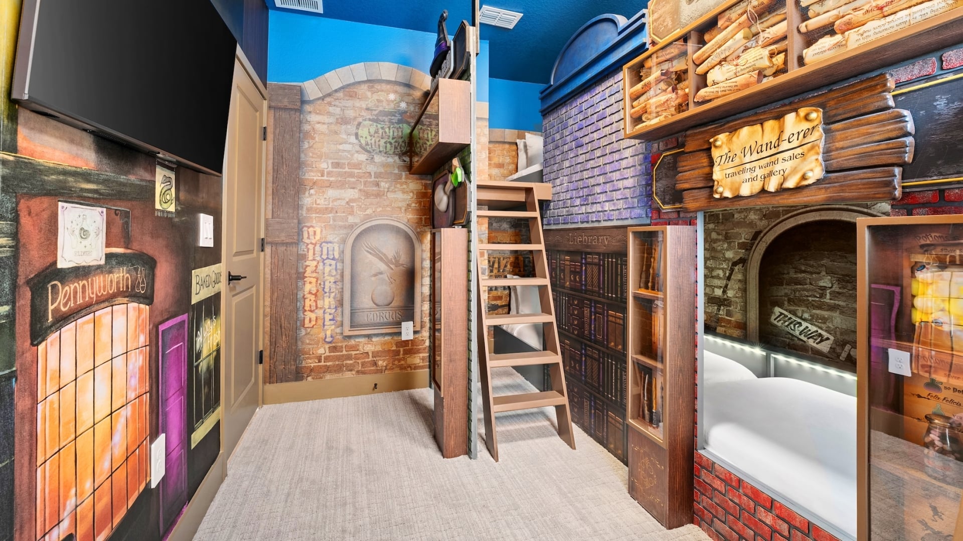A magic-themed children's bedroom featuring a bunk bed designed as a "Wand-erer" shop, immersive brick wall murals of a wizard market, and a library-inspired reading nook.