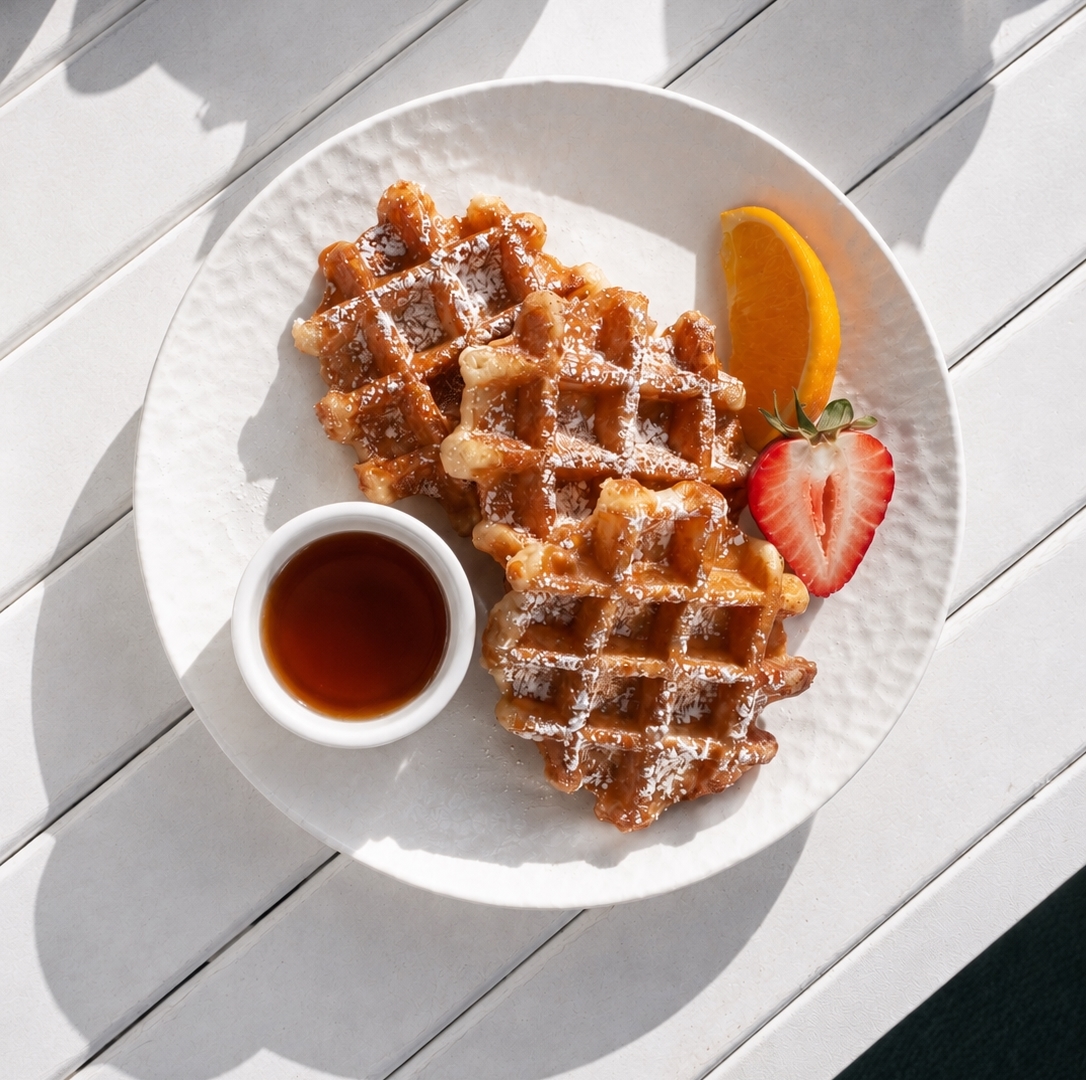 An overhead view of three powdered sugar-dusted waffles on a white textured plate, served with a small bowl of syrup, an orange wedge, and a strawberry slice.
