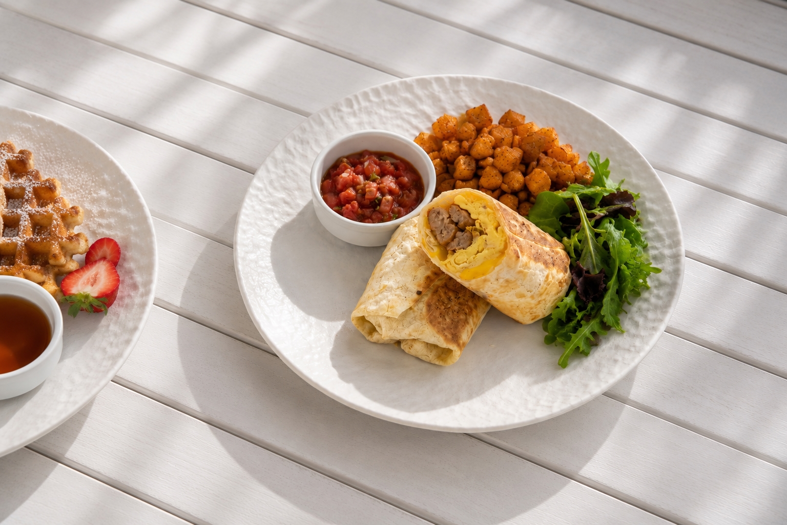 A breakfast plate featuring a sliced breakfast burrito filled with egg and sausage, served with a side of home fries, fresh salsa, and a small mixed greens salad.