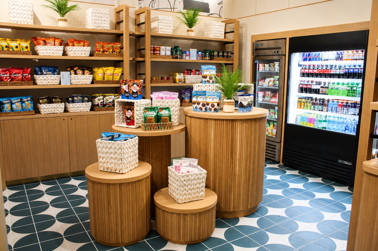 A modern resort convenience market featuring wood-paneled retail shelves and cylindrical display stands stocked with snacks, adjacent to a large glass-fronted beverage cooler on a blue and white patterned tile floor.