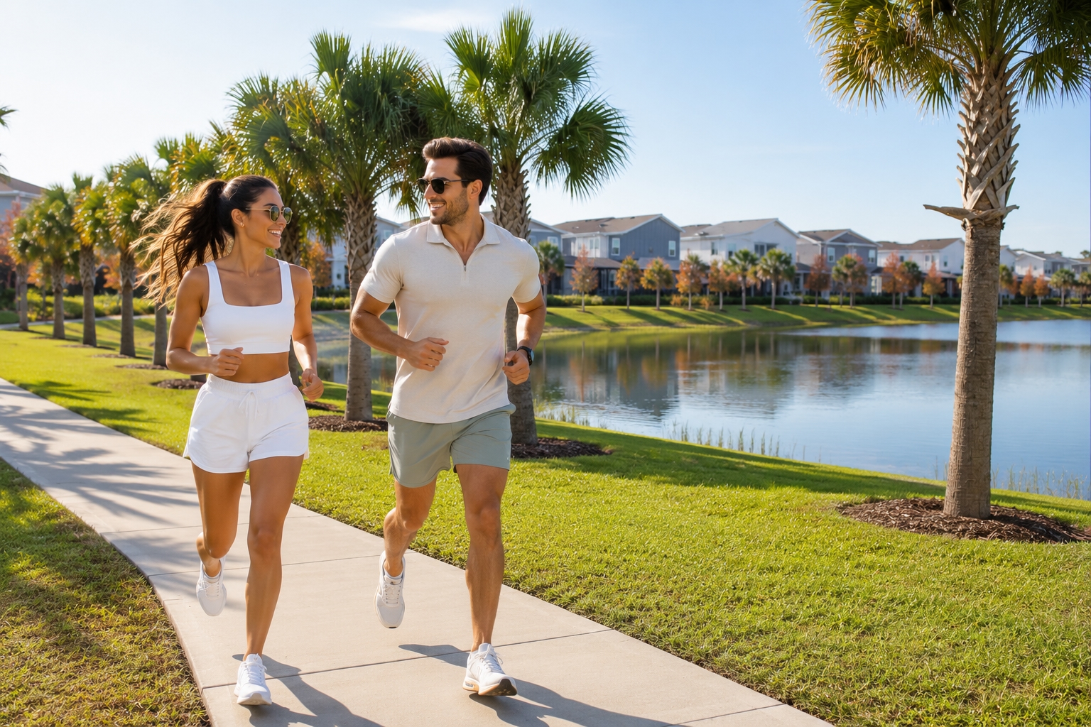 A man and woman in athletic wear jogging together along a paved resort path lined with palm trees next to a community lake.