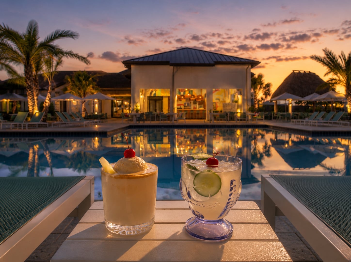 A close-up view of two tropical cocktails—one frozen and topped with a cherry, the other iced with cucumber slices—resting on a small table between lounge chairs, with a resort swimming pool and clubhouse beautifully lit up at sunset in the background.
