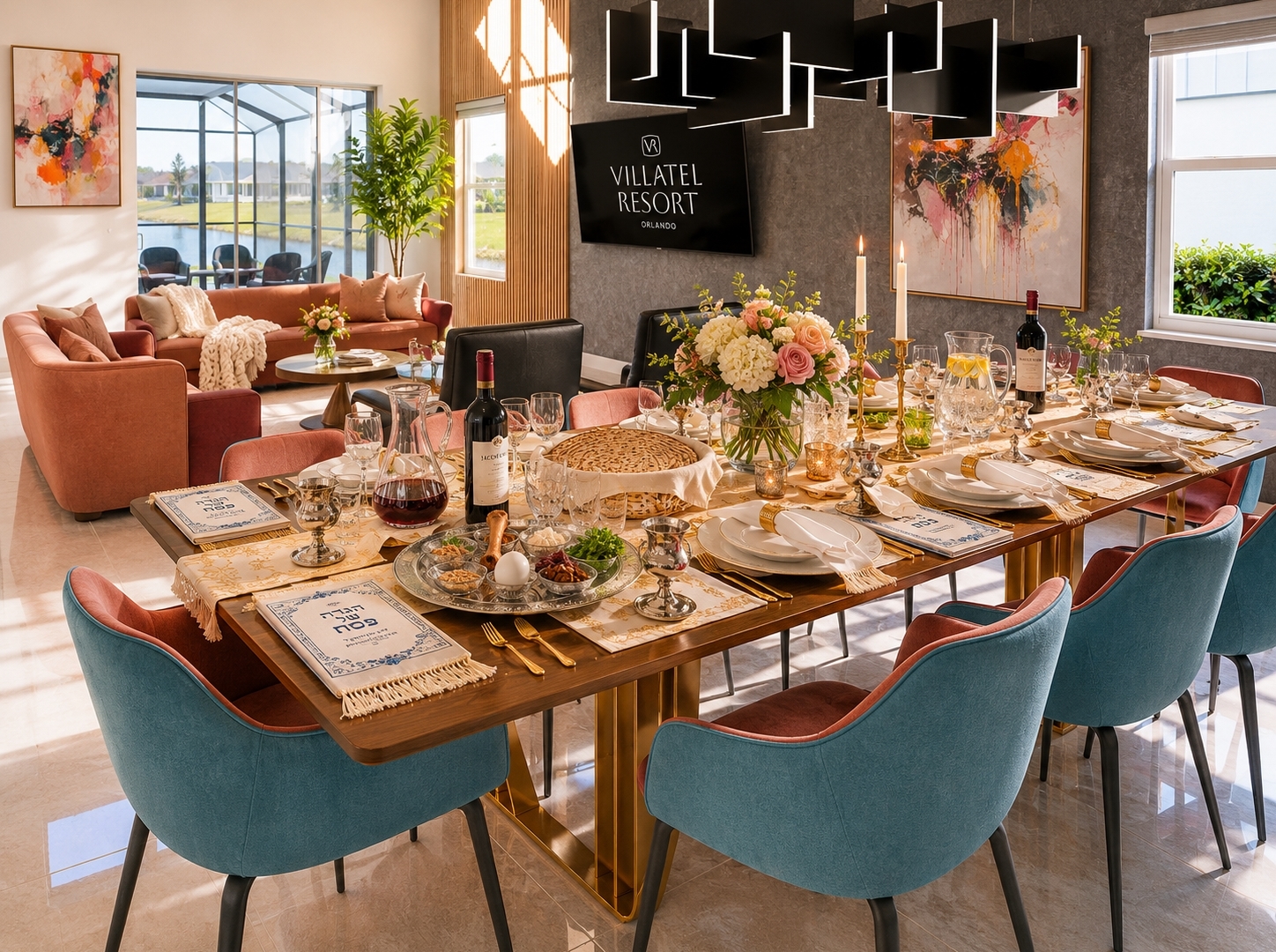 A long wooden dining table set for a Passover Seder inside a modern villa, featuring a traditional Seder plate, matzo in a basket, Haggadah books at each setting, wine, and a floral centerpiece, with a living area visible in the background.