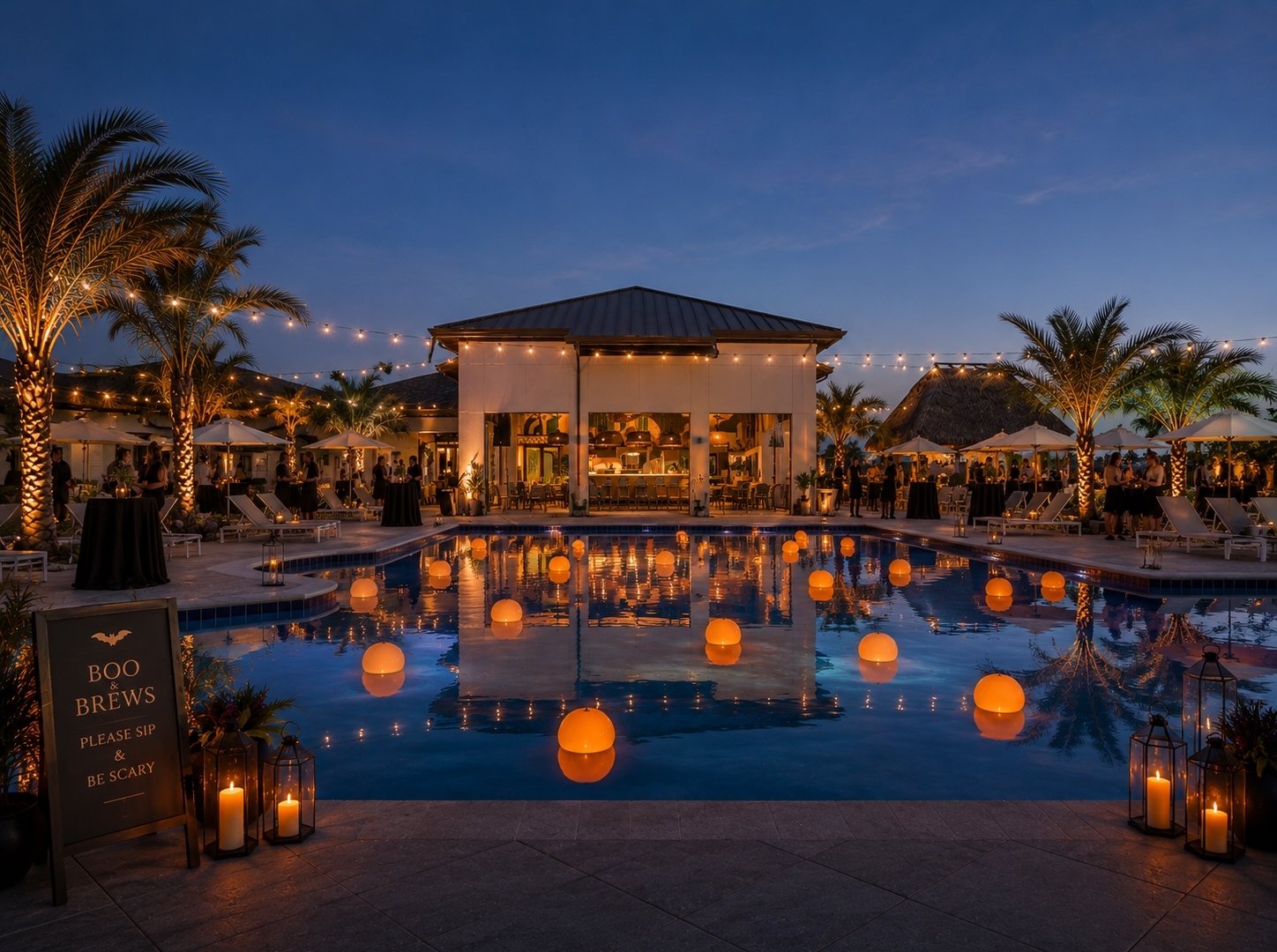 A wide twilight view of a resort pool party decorated for Halloween, featuring glowing orange globes floating in the swimming pool, lit candle lanterns on the deck, string lights overhead, and a sign that reads "Boo & Brews, Please Sip & Be Scary."